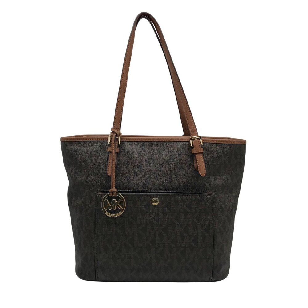 Michael Kors Brown Monogram Canvas Jet Set Logo Pocket Tote Bag